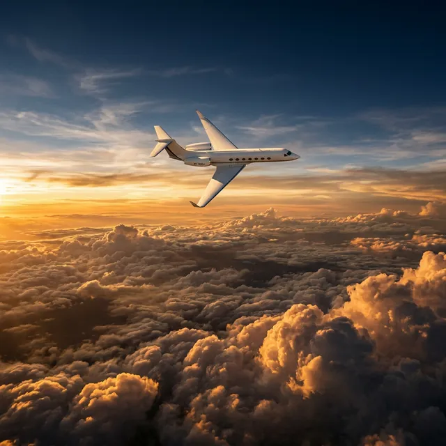 Private jet flying above clouds at golden hour