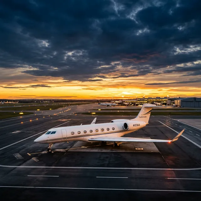Private jet on tarmac at golden hour sunset