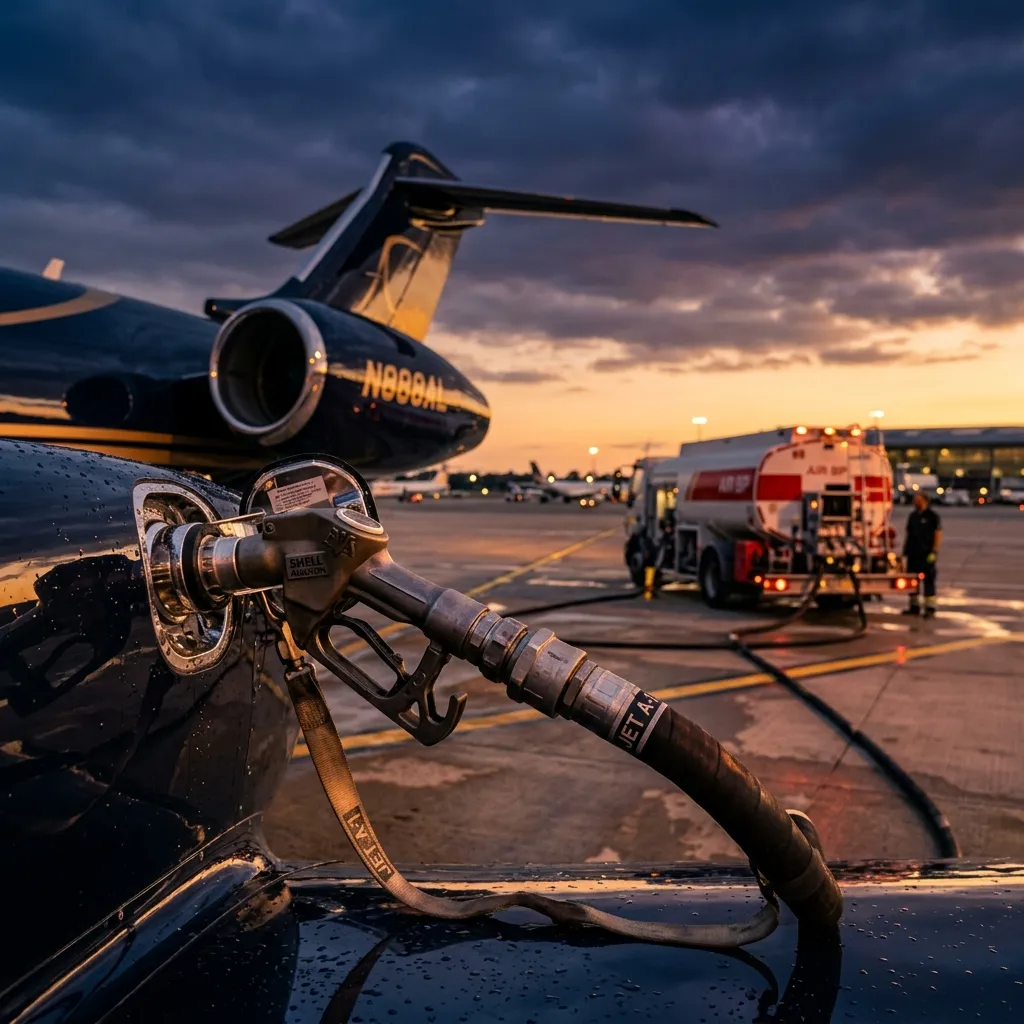 Private jet being fueled on the ramp at sunset