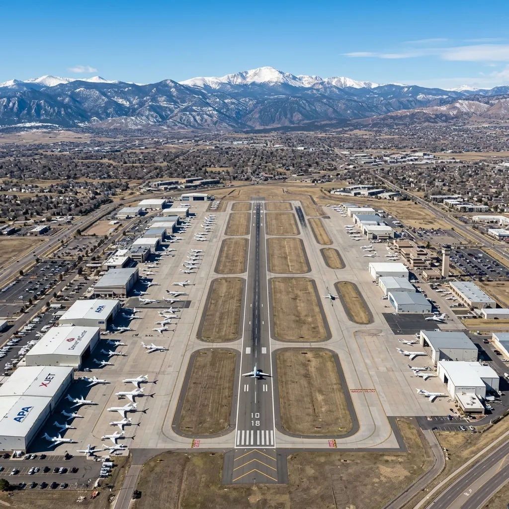 Aerial view of Centennial Airport near Denver with Rocky Mountains in the background