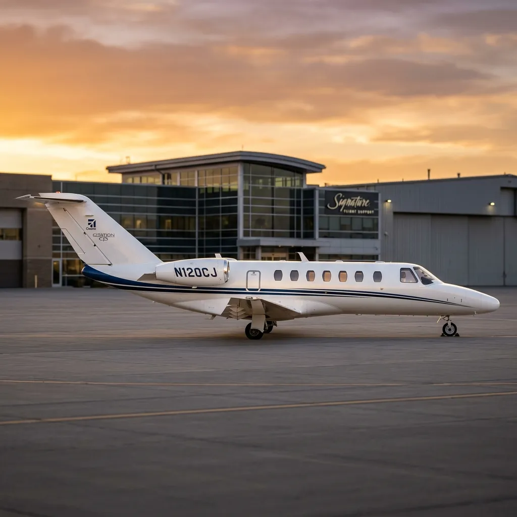 Cessna Citation CJ3 light jet parked on FBO ramp at golden hour