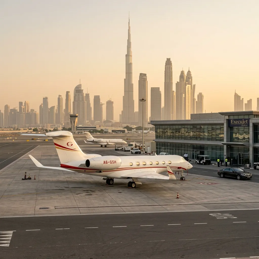 Private jet on the ramp at Dubai airport with city skyline in the background