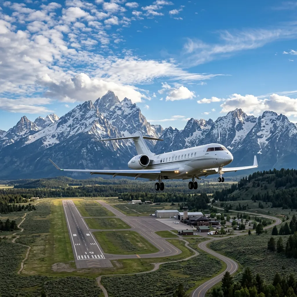 Private jet approaching Jackson Hole Airport with the Grand Teton mountains in the background