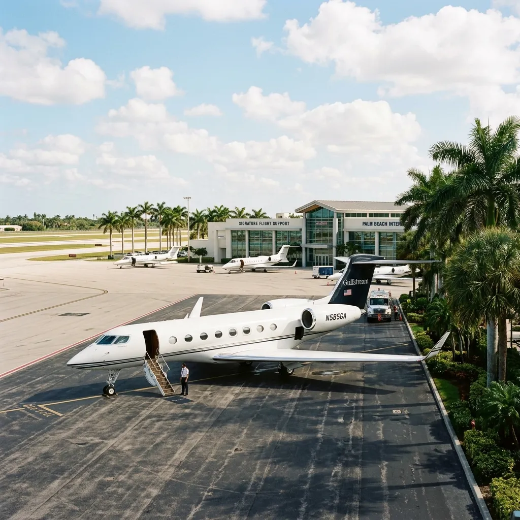 Private jet on the ramp at Palm Beach International Airport with palm trees and blue sky