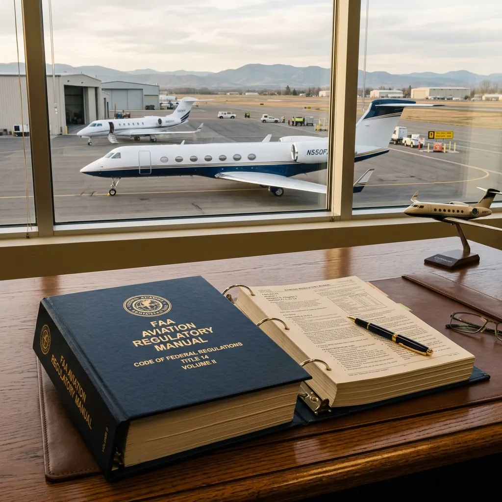 FAA regulatory manual open on a desk with an aircraft visible through a window in the background