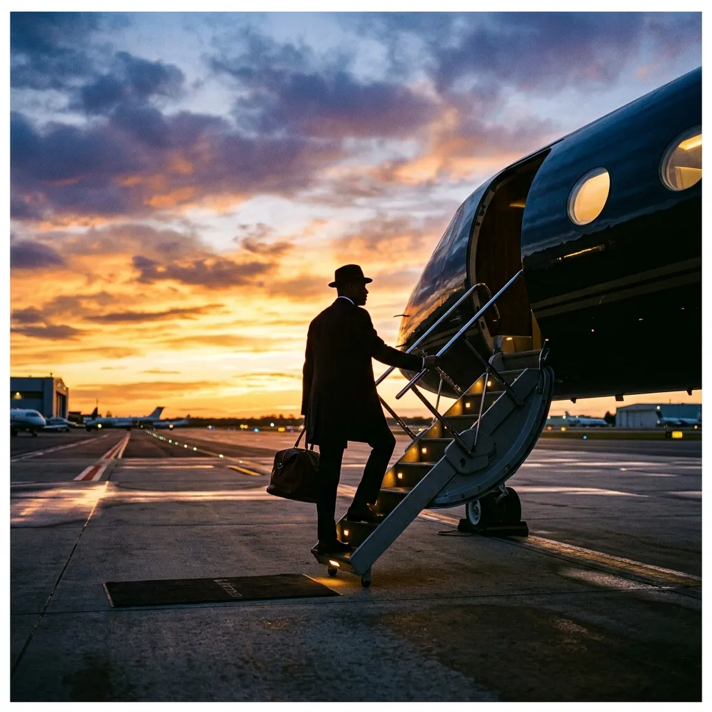 Silhouette of a passenger boarding a private jet on a runway at sunset