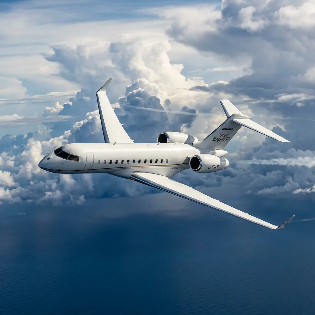 Bombardier Global Express in flight over ocean with distinctive T-tail and wide fuselage