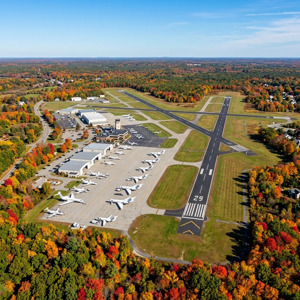 Aerial view of Hanscom Field airport with fall foliage surrounding the runway and taxiways