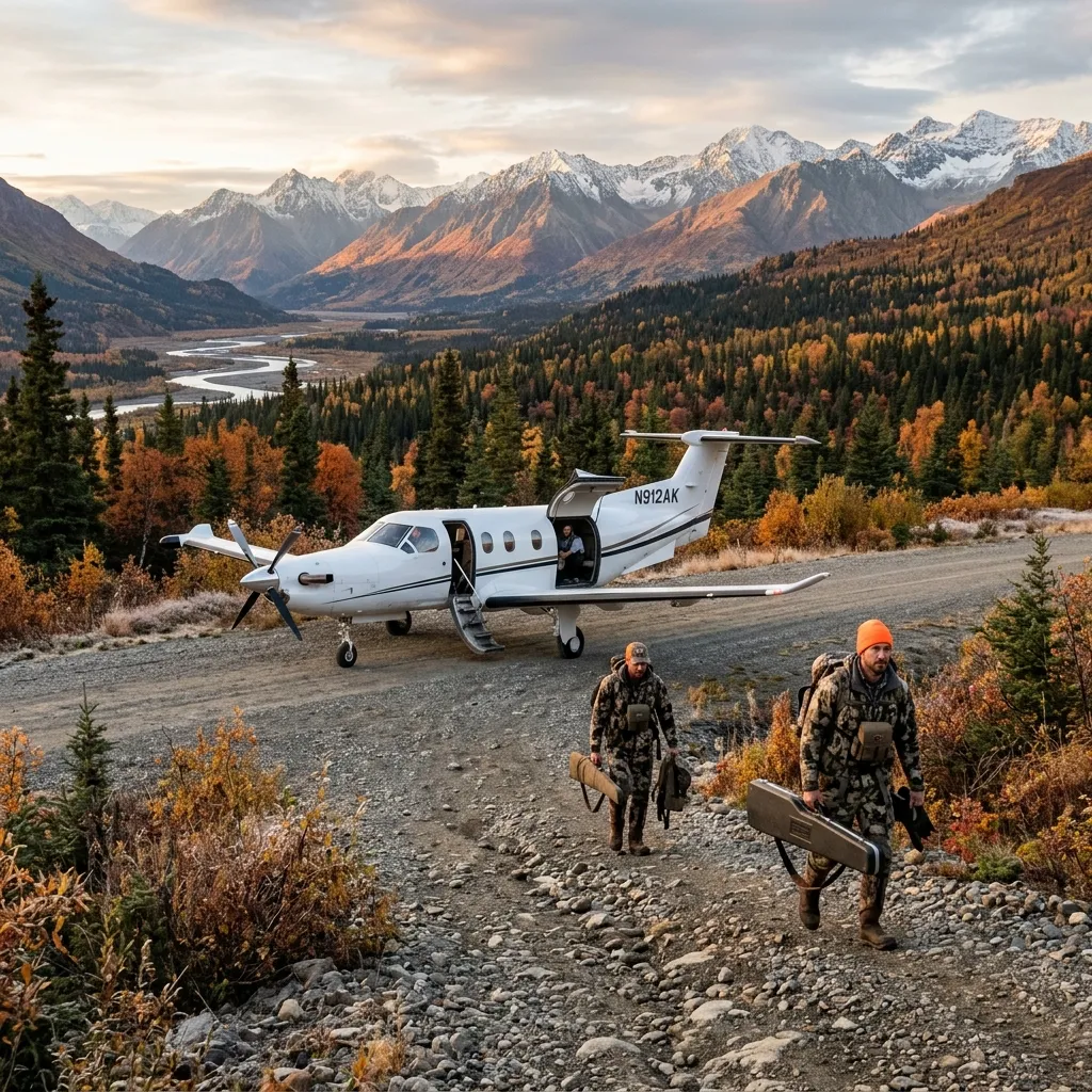 Light turboprop aircraft parked on a remote gravel airstrip with mountain wilderness and river in background