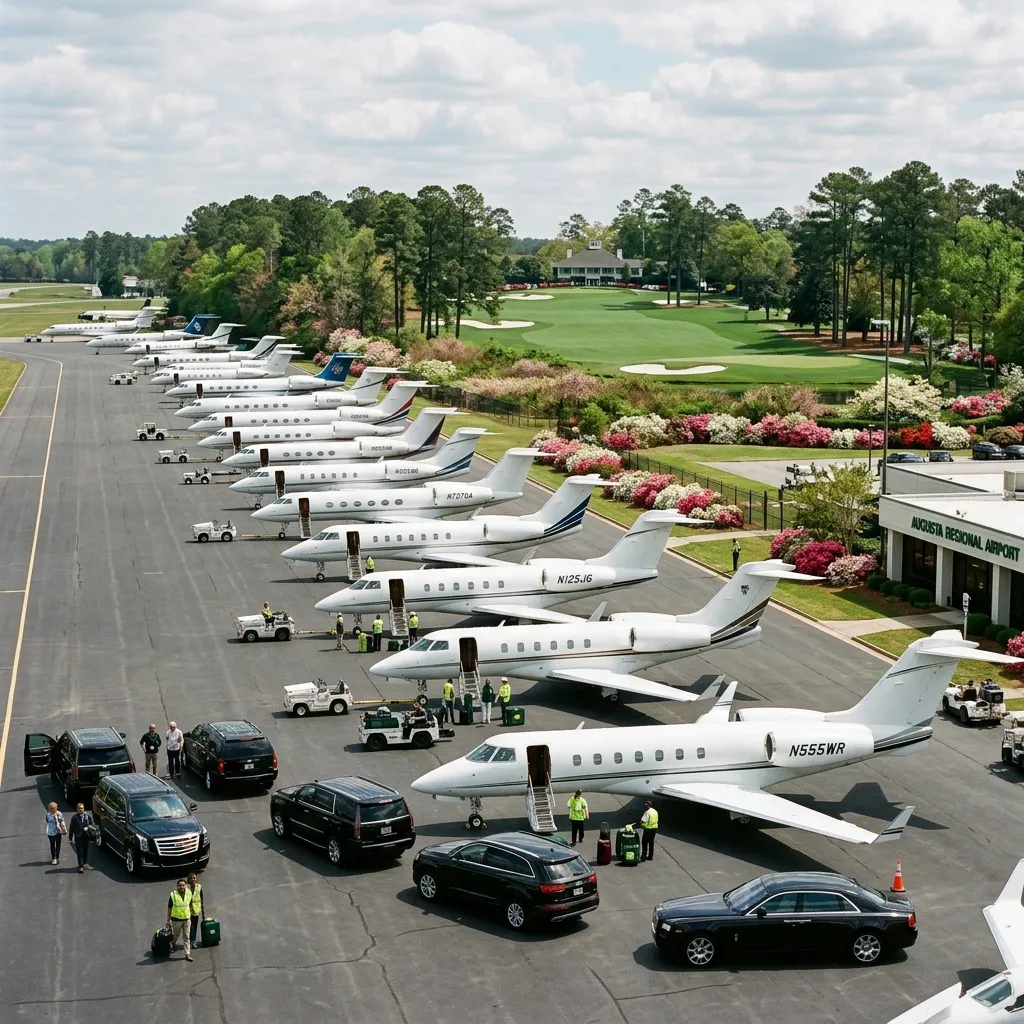 Private jets lined up on a ramp at Augusta Regional Airport during Masters week with azalea flowers visible along the airport perimeter