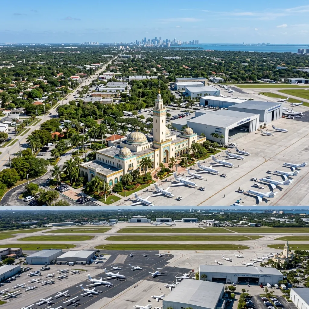 Aerial view of Opa-locka Executive Airport showing multiple runways and FBO ramp with business jets