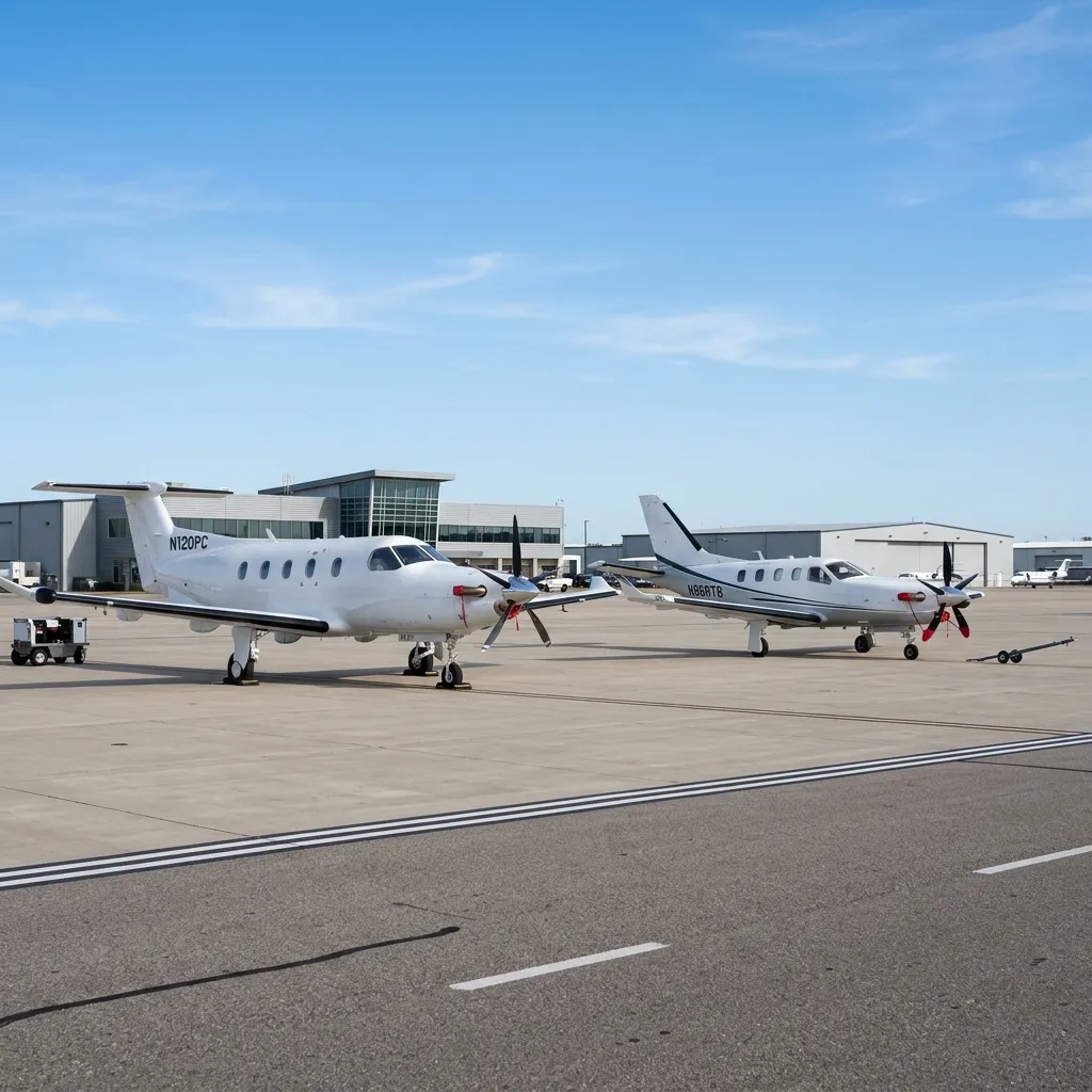 Pilatus PC-12 NGX and Daher TBM 960 parked side by side on a grass strip