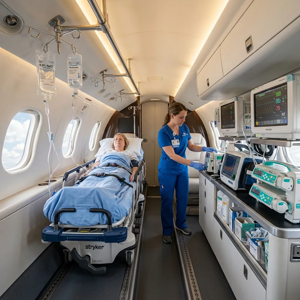 Interior of a configured medical transport jet with patient stretcher and medical equipment stations