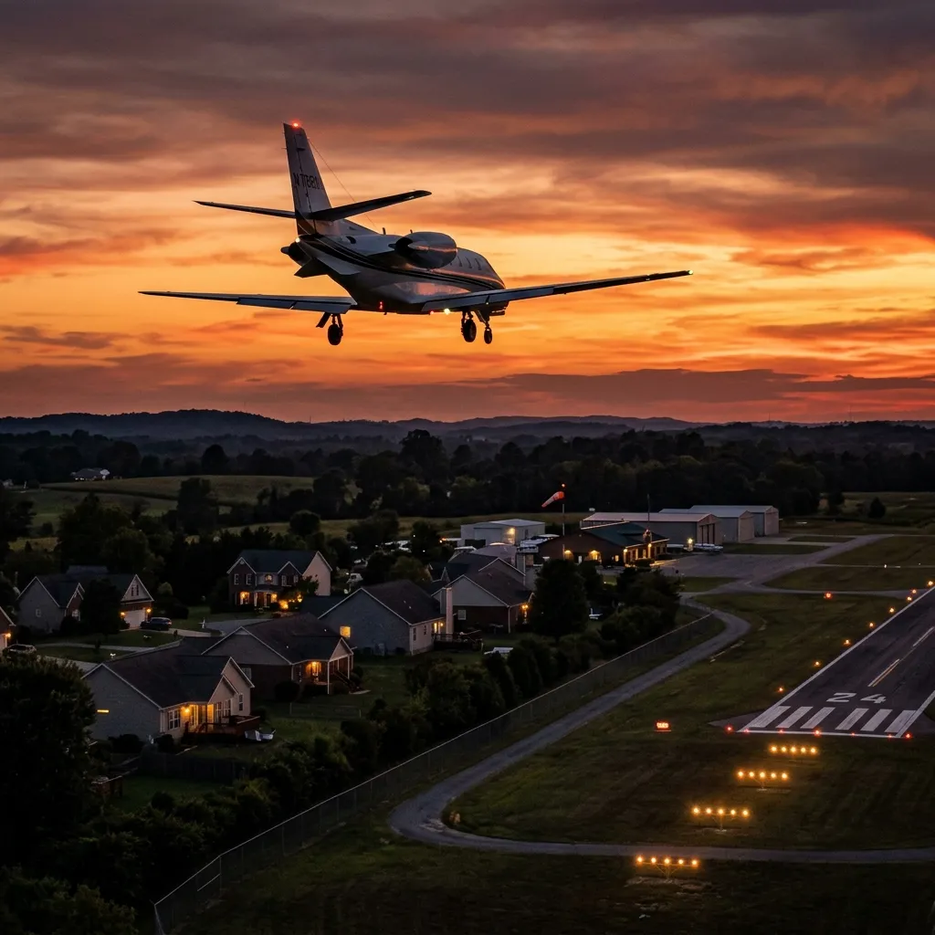 Private jet approaching a residential neighborhood airport at dusk