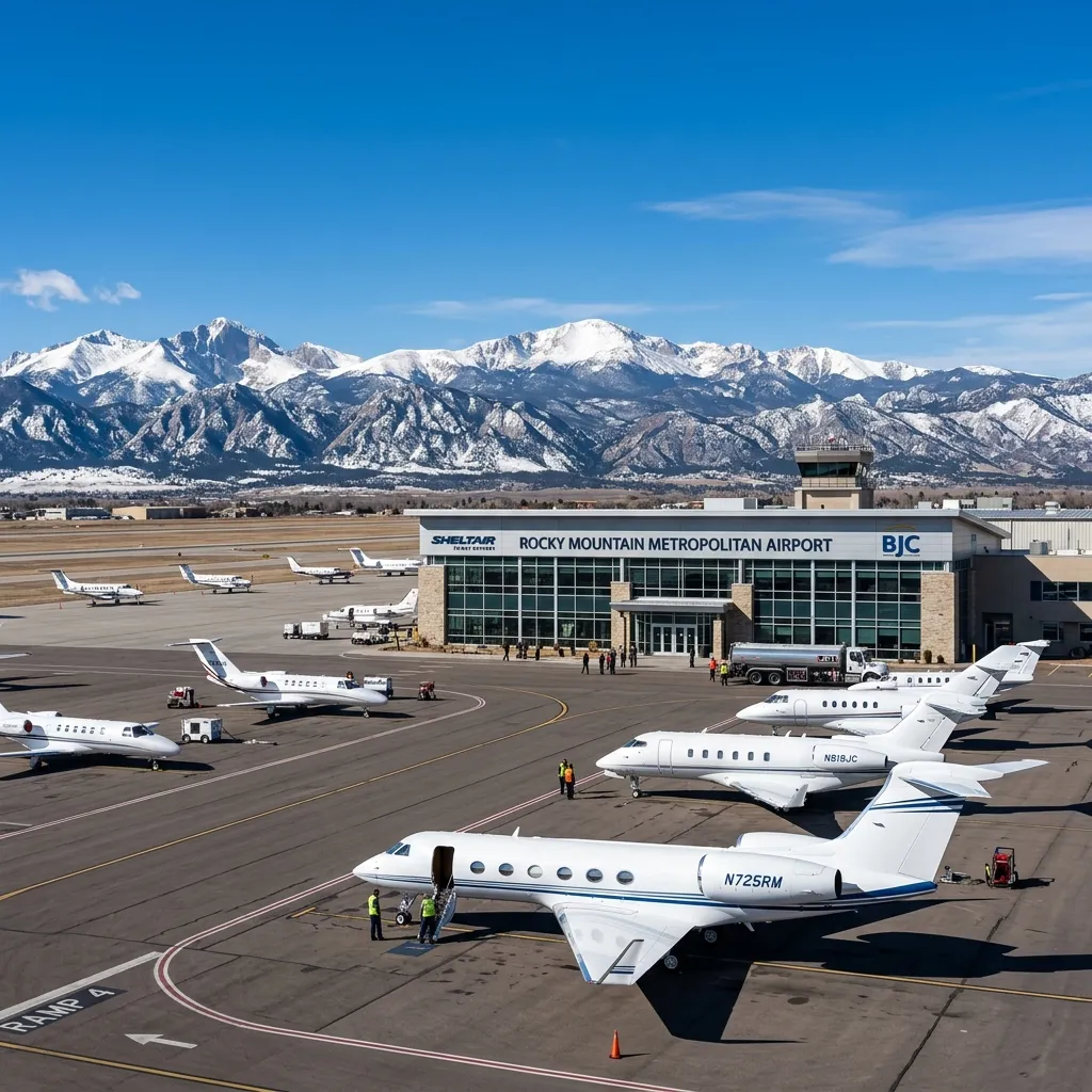 Aerial view of Rocky Mountain Metropolitan Airport with the Front Range mountains in the background and private jets on the ramp