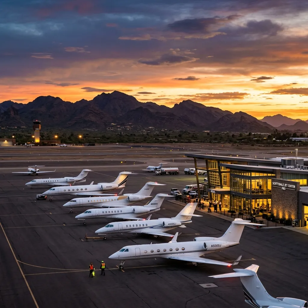 Scottsdale Airport ramp with private jets and the McDowell Mountains in the background at sunset