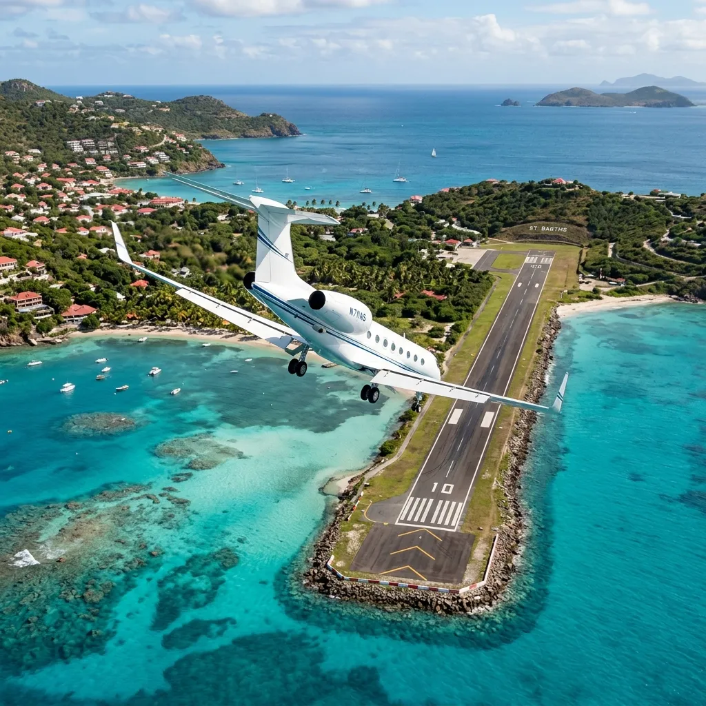 Business jet approaching short coastal runway