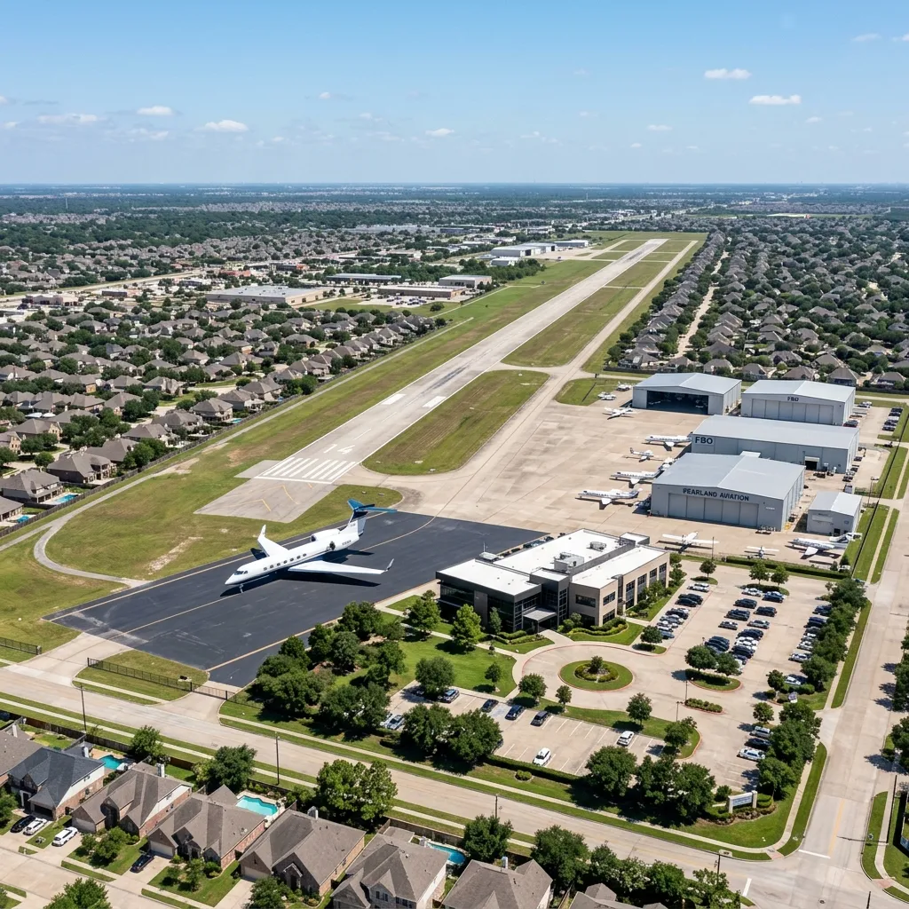 Aerial view of Sugar Land Regional Airport runway and surrounding Houston suburban development