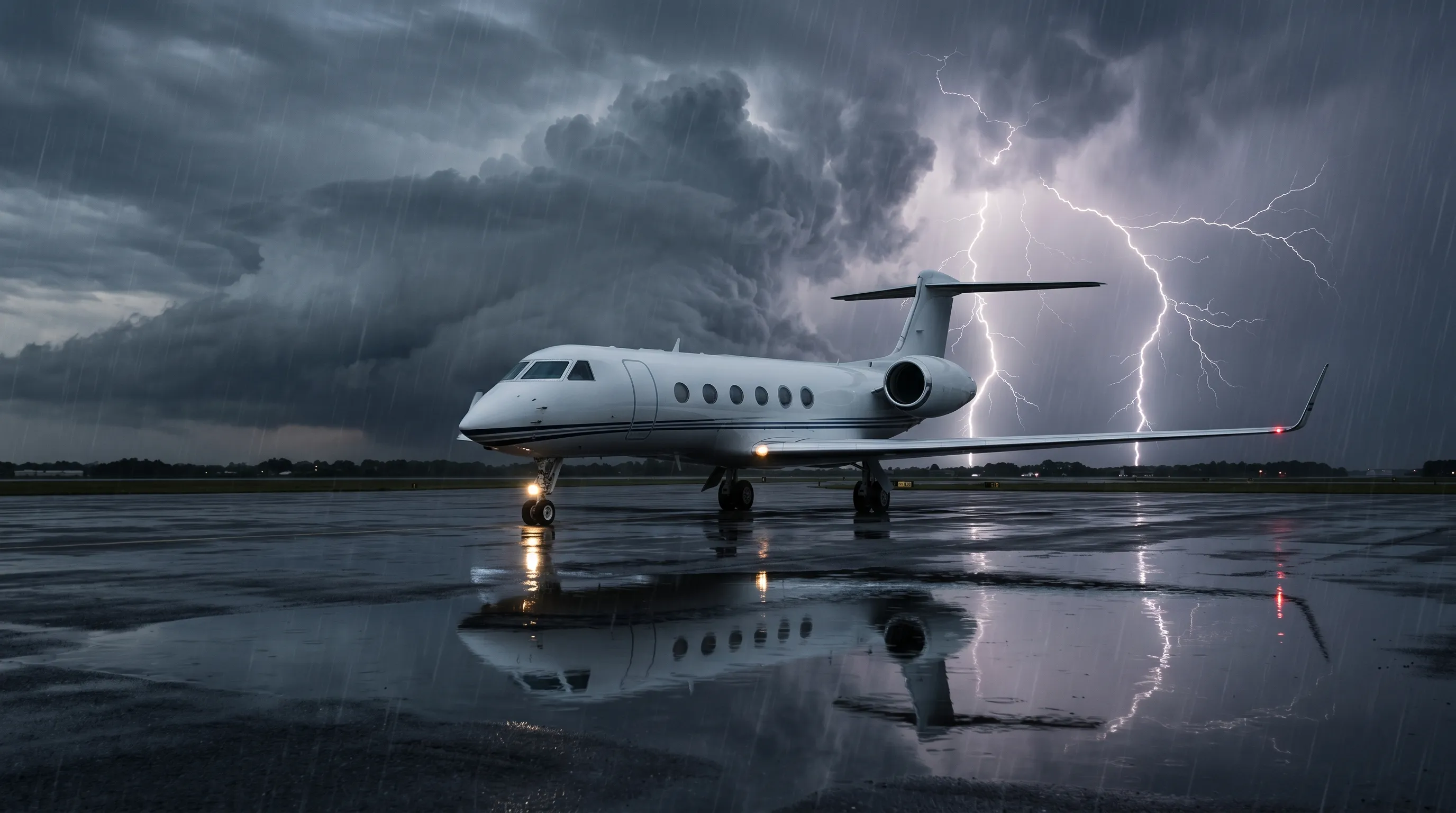 Private jet on a foggy ramp with low visibility conditions preventing departure