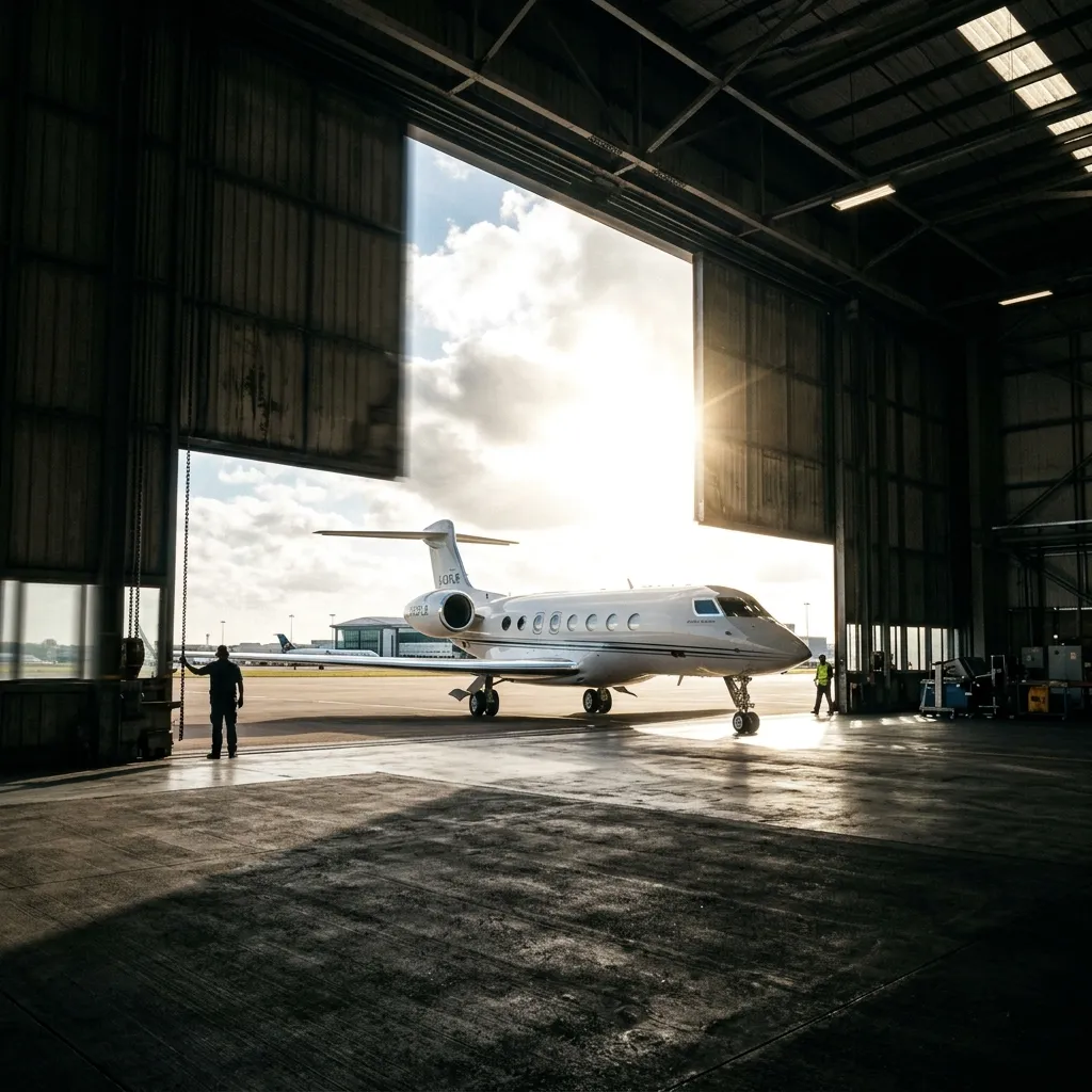Jet emerging from hangar